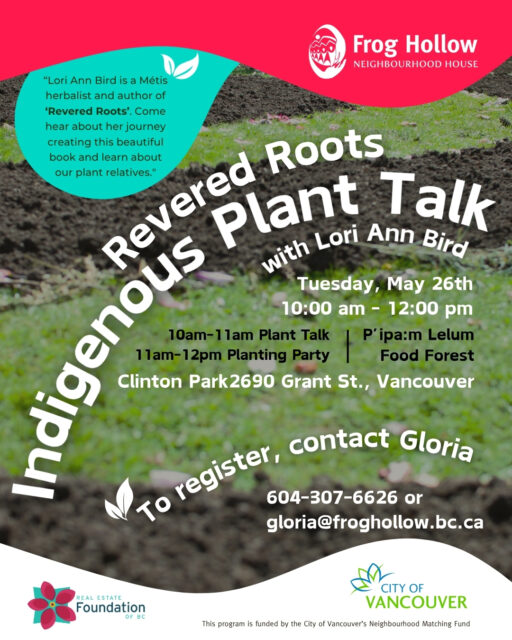 🌱 Join us for an inspiring morning of learning, planting, and connecting with the land!
Métis herbalist and author Lori Ann Bird will be sharing stories from her book Revered Roots and teachings about our plant relatives at the P’ipa:m Lelum Food Forest. 🌿✨ @earthandcompany
📅 Tuesday, May 26
🕙 10am–12pm
📍 Clinton Park – 2690 Grant St, Vancouver
10am–11am: Indigenous Plant Talk
11am–12pm: Community Planting Party
Come learn, grow, and plant alongside community. 💚
To register, contact Gloria at 604-307-6626 or gloria@froghollow.bc.ca.